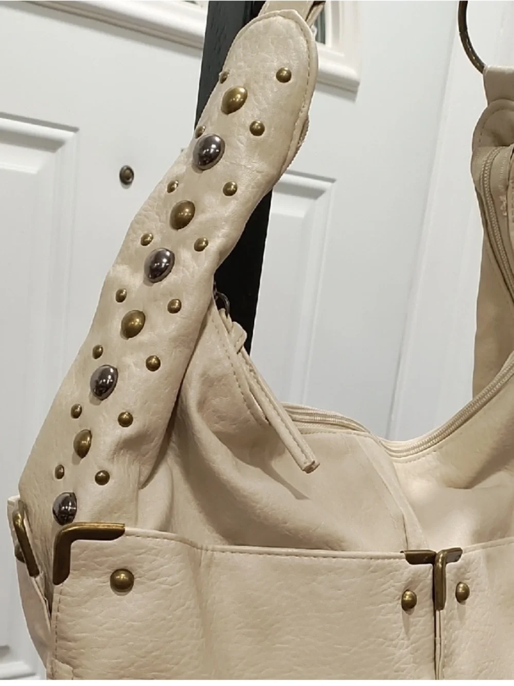 Cream Stud-Trim Leather Hobo Bag